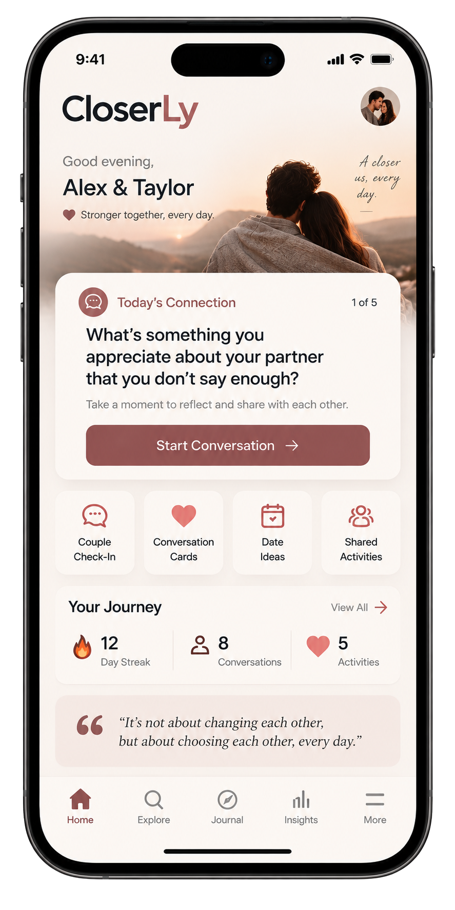 CloserLy home screen with a daily question, couple check-in, conversation cards, activities, and shared journey